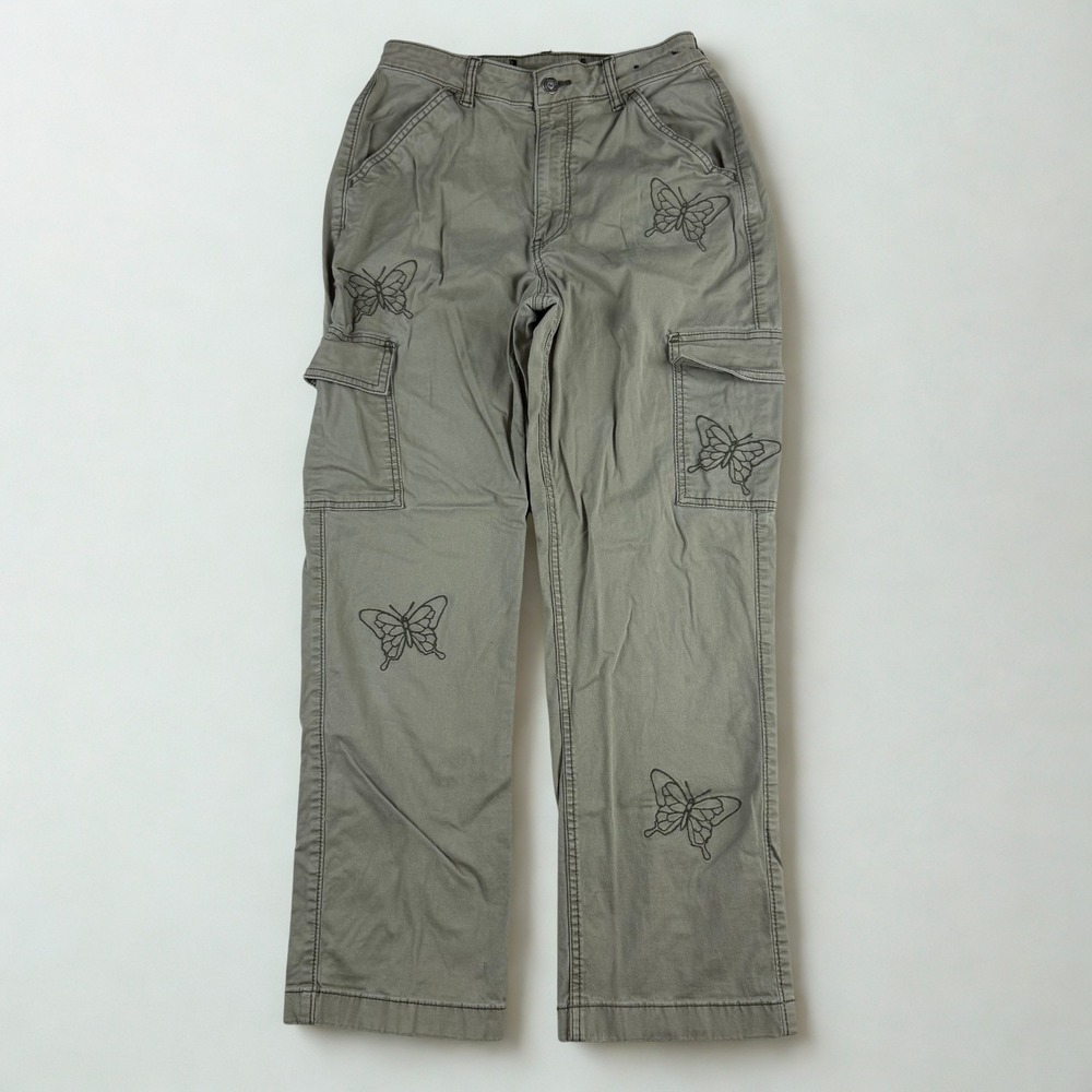 Hollister Cargo Pants Womens 26 Sage Green Butterfly Embroidered Y2K Utility